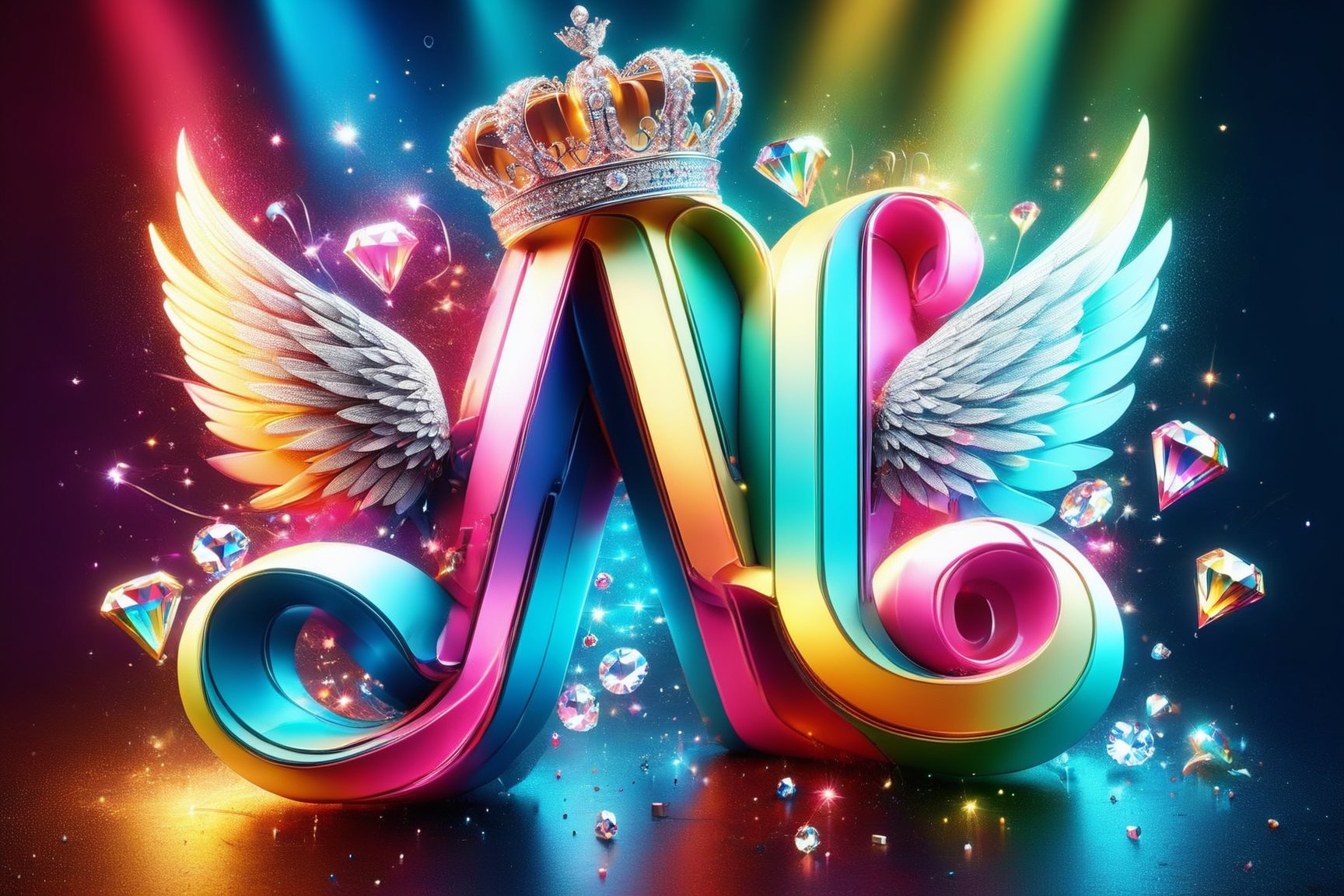 Elegant 3D typography with the name." W"with an elegant crown and fine diamonds with sparkles of bright colors and angel w...