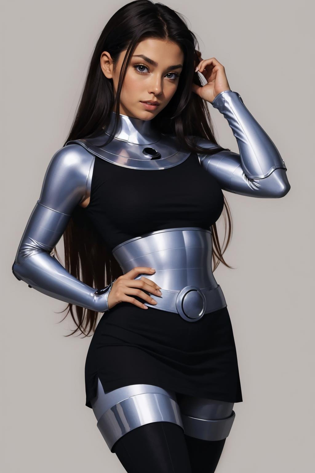 (masterpiece, best quality:1.2), <lora:blackfire:1>, blackfire, 1girl, solo, breasts, pants, bodysuit, skirt, armor, thigh boots, long sleeves, dark skin, white background, simple background, 