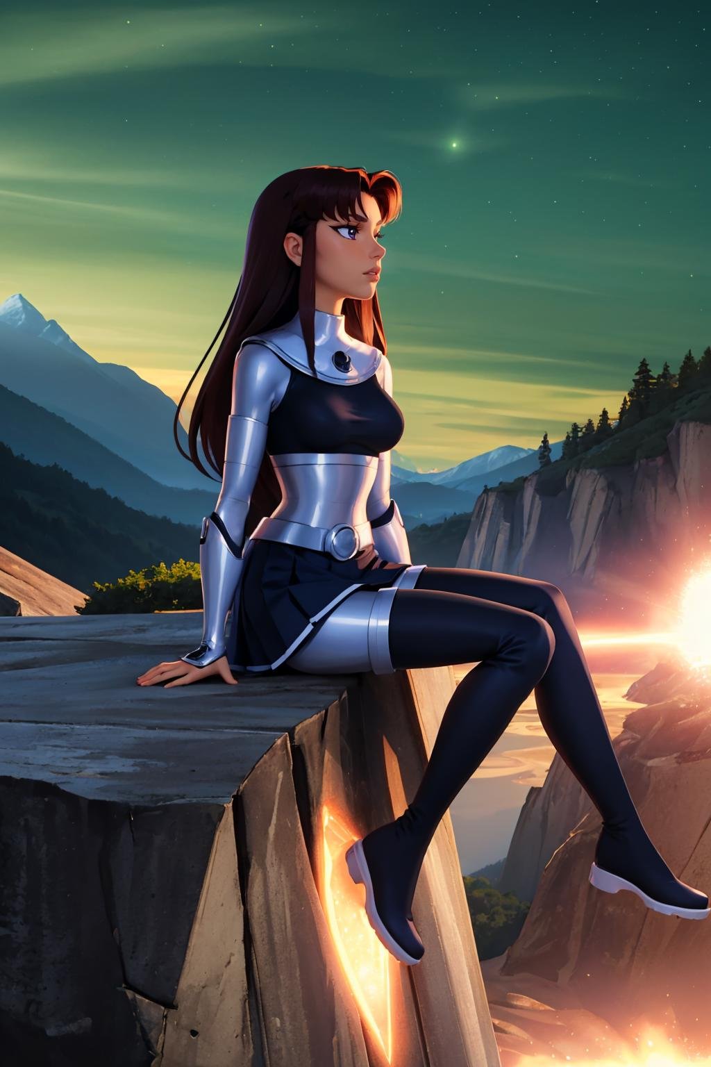 (masterpiece, best quality:1.2), <lora:blackfire:1>, blackfire, 1girl, solo, breasts, pants, bodysuit, skirt, armor, thigh boots, long sleeves, dark skin, outdoors, (green sky:1.2), mountain, sitting, looking away, glowing, light particles, shadow,