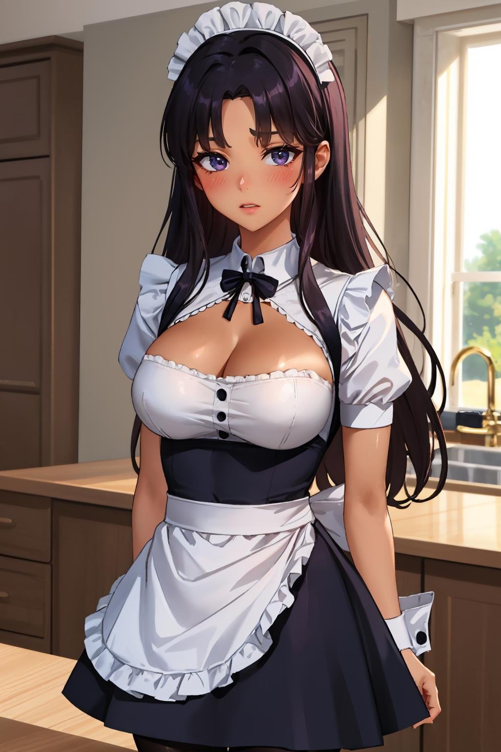 (masterpiece, best quality:1.2), <lora:blackfire:1>, blackfire, 1girl, solo, large breasts, (dark skin:1.2), maid, maid headdress, pantyhose, apron, short sleeves, black pantyhose, wrist cuffs, blush, puffy sleeves, maid apron, ribbon, puffy short sleeves, arms behind back, cleavage, 