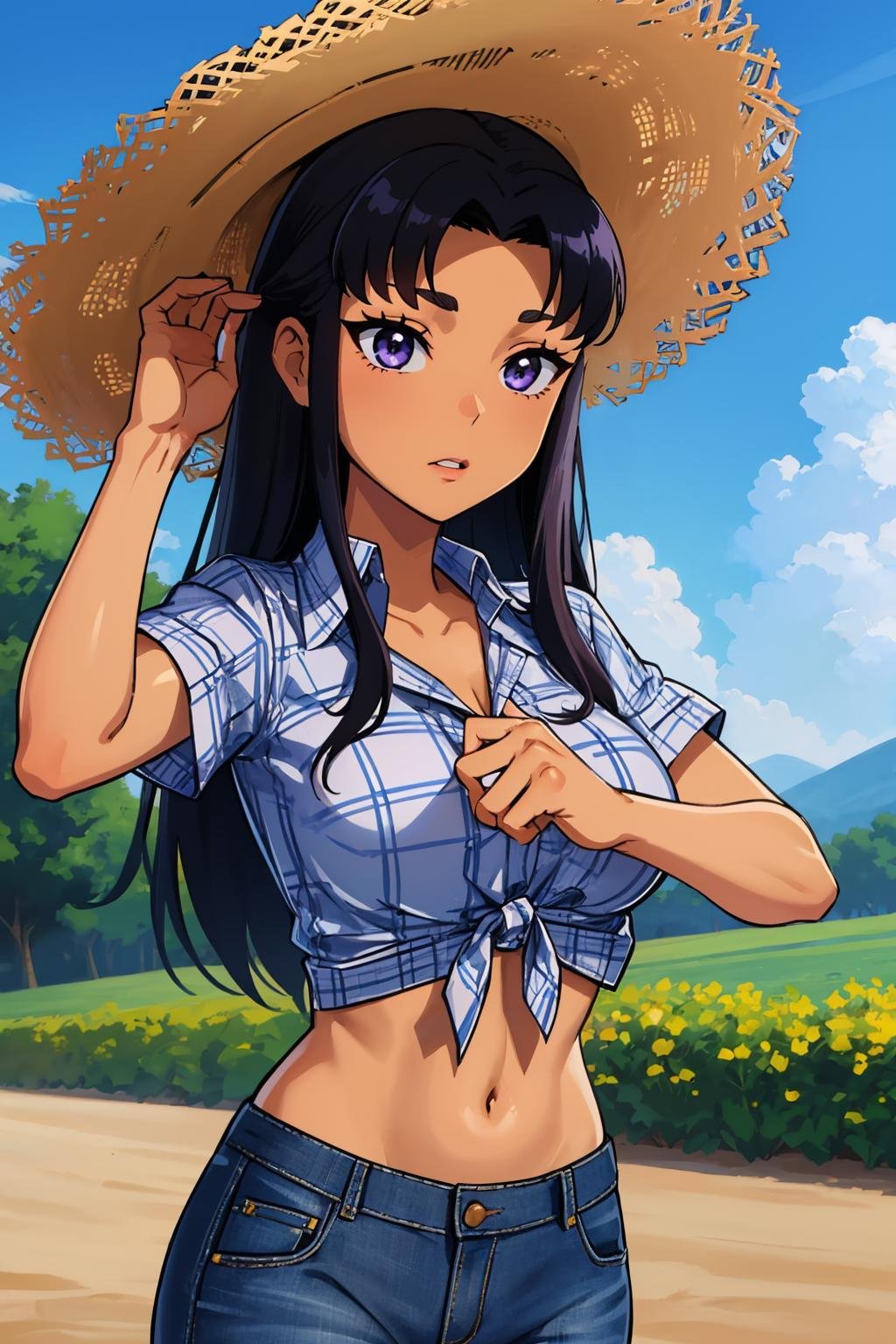 (masterpiece, best quality:1.2), <lora:blackfire:1>, blackfire, 1girl, solo, large breasts, (dark skin:1.2), (plaid shirt:1.2), tied shirt, jeans, muscular, midriff, farm, hat, straw hat, short sleeves, 