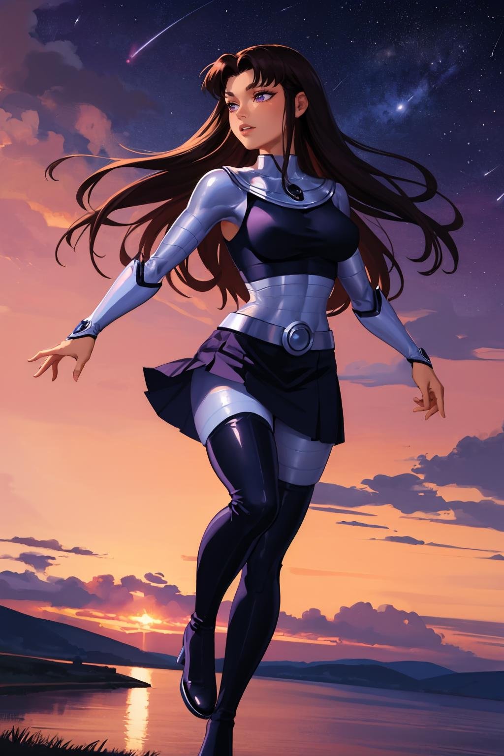 (masterpiece, best quality:1.2), <lora:blackfire:1>, blackfire, 1girl, solo, breasts, pants, bodysuit, skirt, armor, thigh boots, long sleeves, dark skin, outdoors, pink sky, purple sky, starry sky, night sky, glowing, 