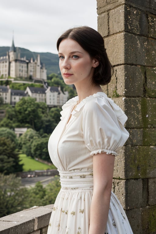 wo_caitbalf01, upper body, wearing a vintage dress, a castle at the background, 8k, masterpiece, high quality, highres, photorealistic, raw, extremely detail