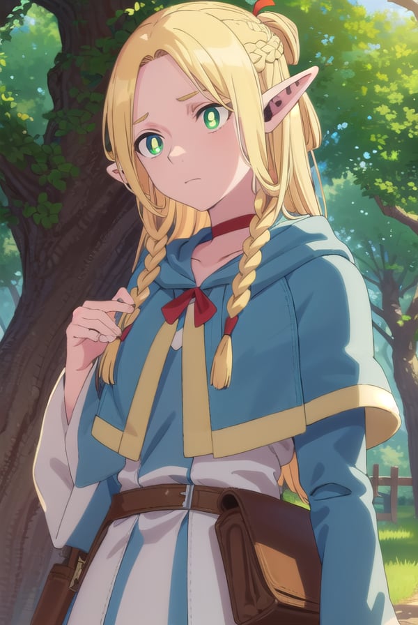 marcilledonato, <lora:marcille donato-lora-nochekaiser:1>,marcille donato, long hair, blonde hair, (green eyes:1.3), braid, pointy ears, twin braids, elf, (bright pupils:1.5), (parted bangs:1.5),BREAK choker, robe, red choker,BREAK outdoors, nature, forest, trees, grass, river, sun, sky, clouds,BREAK looking at viewer, (cowboy shot:1.5),BREAK <lyco:GoodHands-beta2:1>, (masterpiece:1.2), best quality, high resolution, unity 8k wallpaper, (illustration:0.8), (beautiful detailed eyes:1.6), extremely detailed face, perfect lighting, extremely detailed CG, (perfect hands, perfect anatomy),