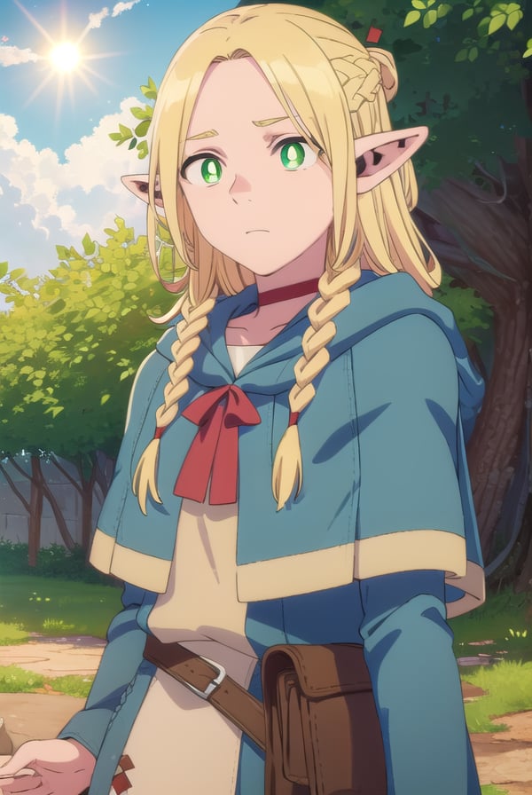 marcilledonato, <lora:marcille donato-lora-nochekaiser:1>,marcille donato, long hair, blonde hair, (green eyes:1.3), braid, pointy ears, twin braids, elf, (bright pupils:1.5), (parted bangs:1.5),BREAK choker, robe, red choker,BREAK outdoors, nature, forest, trees, grass, river, sun, sky, clouds,BREAK looking at viewer, (cowboy shot:1.5),BREAK <lyco:GoodHands-beta2:1>, (masterpiece:1.2), best quality, high resolution, unity 8k wallpaper, (illustration:0.8), (beautiful detailed eyes:1.6), extremely detailed face, perfect lighting, extremely detailed CG, (perfect hands, perfect anatomy),