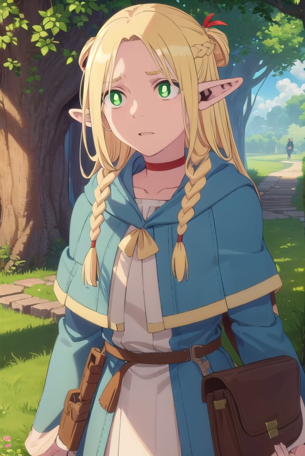 marcilledonato, <lora:marcille donato-lora-nochekaiser:1>,marcille donato, long hair, blonde hair, (green eyes:1.3), braid, pointy ears, twin braids, elf, (bright pupils:1.5), (parted bangs:1.5),BREAK choker, robe, red choker,BREAK outdoors, nature, forest, trees, grass, river, sun, sky, clouds,BREAK looking at viewer, (cowboy shot:1.5),BREAK <lyco:GoodHands-beta2:1>, (masterpiece:1.2), best quality, high resolution, unity 8k wallpaper, (illustration:0.8), (beautiful detailed eyes:1.6), extremely detailed face, perfect lighting, extremely detailed CG, (perfect hands, perfect anatomy),