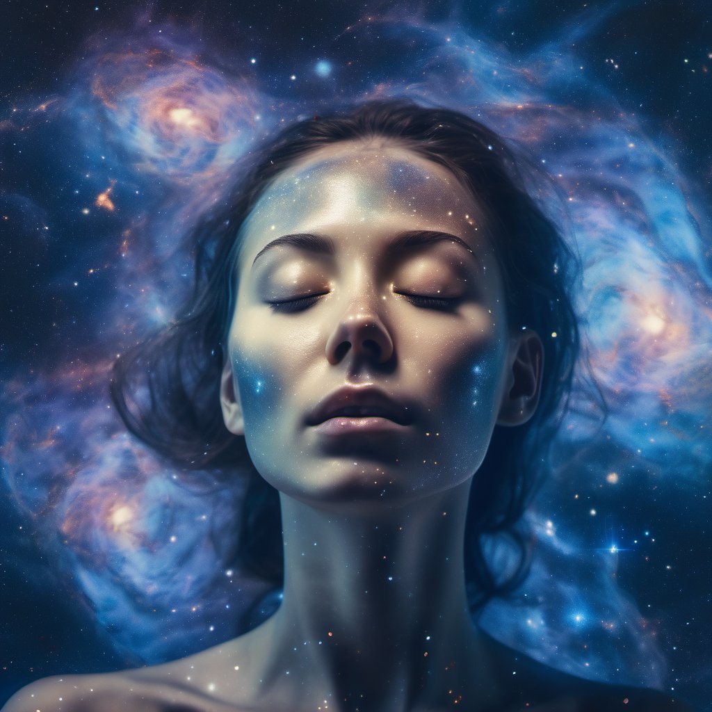 a close up of a woman's face with her eyes closed, nebula background, 5 0 0 px models, soul leaving body, fourteen-dimensional, strange portrait with galaxy, images on the sales website, magic and fantasy, interconnections, dust and particles, ultra - high detail,galaxy00