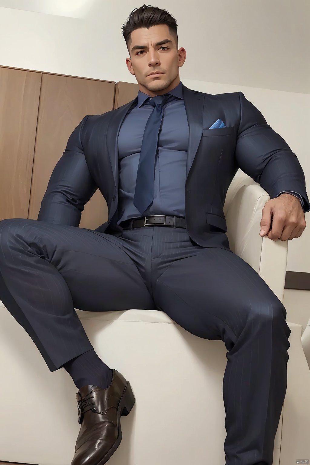  Male, muscular, mature, big eyes, suit, shirt, trousers, leather shoes, silk socks, sitting, sexy, ((masterpiece)), ((perfect hand)), ((best quality))