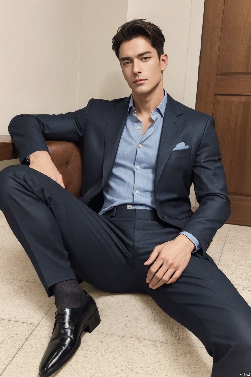  A male, muscular, mature, big eyes, suit, shirt, leather shoes, stockings, sitting, sexy, ((masterpiece)), ((perfect hand)), ((best quality))