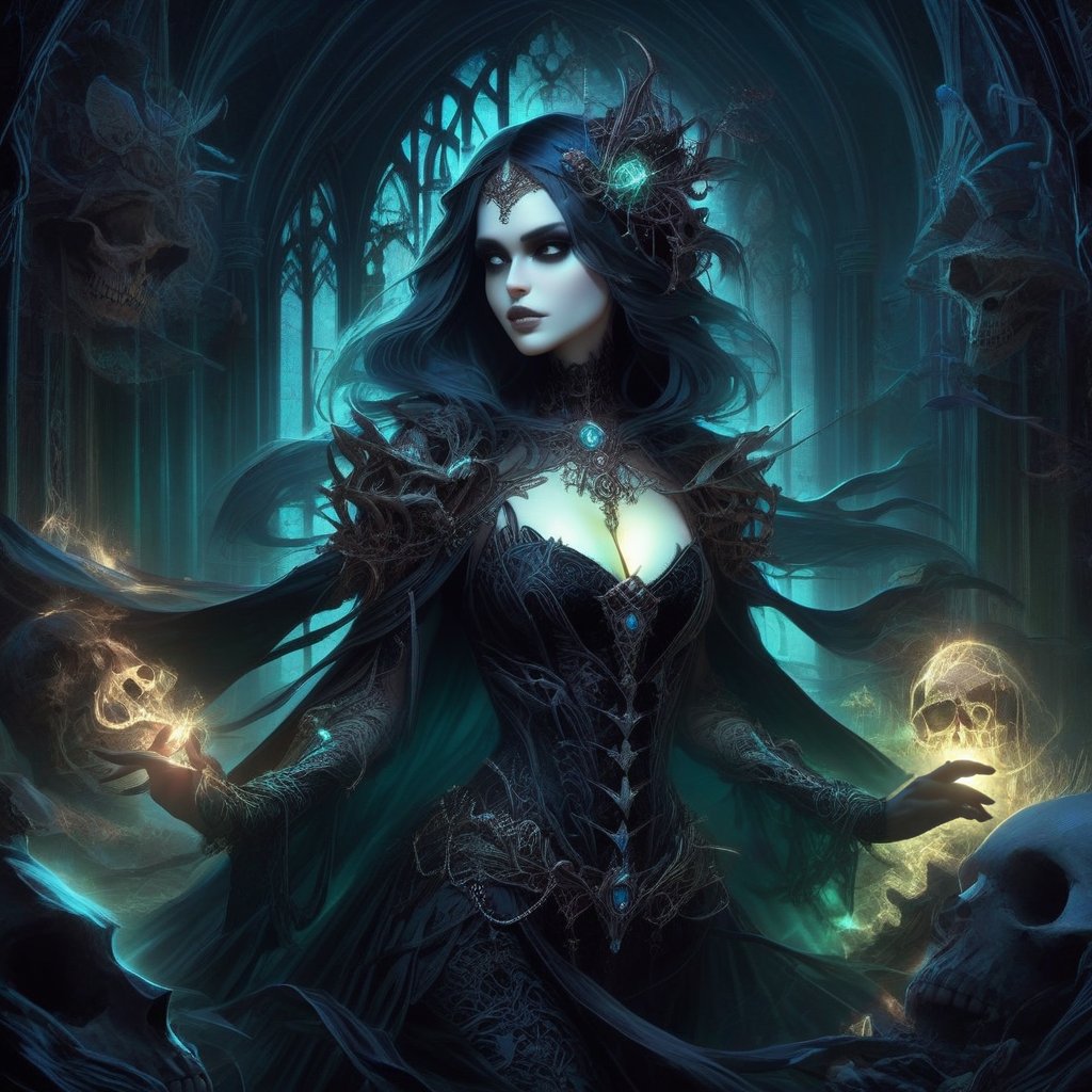 1girl, necromancer, hauntingly, gothic fantasy, magical, bones, illustrative composition, fine lines, photorealistic-anatomy, glow, elegant, perfection, Decora_SWstyle