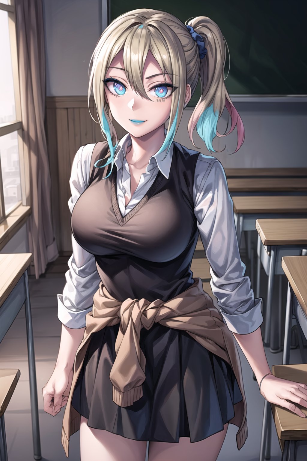 ((best quality)),  ((highly detailed)),  masterpiece,  ((official art)),   , ai hayasaka, blonde hair, blue scrunchie, hair between eyes, hair scrunchie, long hair, scrunchie, side ponytail, sidelocks, lips, (seductive smile,smirk) ,large breasts, (Remodeling), (multicolored hair:1.3), (two-tone hair:1.3), (pink eyes, blue eyes), (glowing eyes), (android:1.2), (barcode:1.2), (doll joints:1.1), lipstick, (makeup),(blue lips:1.2), robot ears, joints, robot joints, ((white shirt)), (black vest), blouse, cardigan, cardigan around waist, clothes around waist, collared shirt, dress shirt, long sleeves, school uniform, shirt, shuuchiin academy school uniform, skirt, sweater, white shirt,, (cyberpunk:1.2), school, (confident, sexy), chalkboard ,looking at viewer, classroom, girl, indoors,  dramatic reveal, suspenseful, urban environment, mysterious ambiance, dramatic lighting, cinematic scene, self-transformation, supernatural, otherworldly, metamorphosis, mystical, mystical energy, power awakening., intricately detailed, hyperdetailed, blurry background, depth of field, best quality, masterpiece, intricate details, tonemapping, sharp focus, hyper detailed, trending on Artstation, 1 girl, high res, official art,ai hayasaka,aahayasaka,