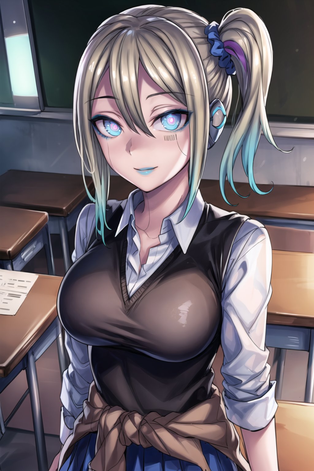 ((best quality)),  ((highly detailed)),  masterpiece,  ((official art)),   , ai hayasaka, blonde hair, blue scrunchie, hair between eyes, hair scrunchie, long hair, scrunchie, side ponytail, sidelocks, lips, (seductive smile,smirk) ,large breasts, (Remodeling), (multicolored hair:1.3), (two-tone hair:1.3), (pink eyes, blue eyes), (glowing eyes), (android:1.2), (barcode:1.2), (doll joints:1.1), lipstick, (makeup),(blue lips:1.2), robot ears, joints, robot joints, ((white shirt)), (black vest), blouse, cardigan, cardigan around waist, clothes around waist, collared shirt, dress shirt, long sleeves, school uniform, shirt, shuuchiin academy school uniform, skirt, sweater, white shirt,, (cyberpunk:1.2), school, (confident, sexy), chalkboard ,looking at viewer, classroom, girl, indoors,  dramatic reveal, suspenseful, urban environment, mysterious ambiance, dramatic lighting, cinematic scene, self-transformation, supernatural, otherworldly, metamorphosis, mystical, mystical energy, power awakening., intricately detailed, hyperdetailed, blurry background, depth of field, best quality, masterpiece, intricate details, tonemapping, sharp focus, hyper detailed, trending on Artstation, 1 girl, high res, official art,ai hayasaka,aahayasaka,