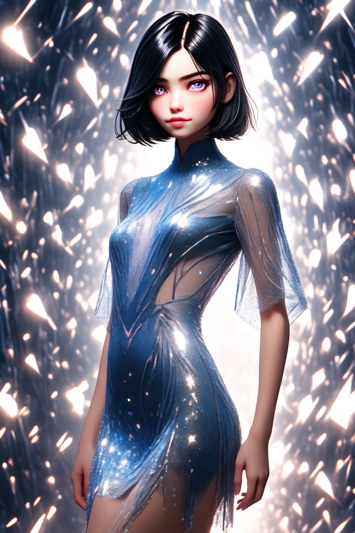 Utra, 1girl wearing a glamorous intricate shiny blue dress showing her legs, full_body, thin delicate lips smirking with a closed mouth, white skin,  black chin lenght hair and pink eyes, 4k, hd, unreal engine, 3d render, realistic,shards,3d toon style,cutegirlmix,glitter,shiny