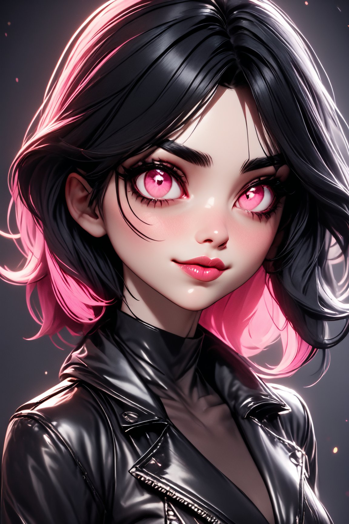 Utra, goth 1girl wearing leather clothes, thin delicate lips smirking with a closed mouth,  white skin,  black chin lenght hair and pink eyes, 4k, hd, unreal engine, 3d render, realistic,shards,3d toon style