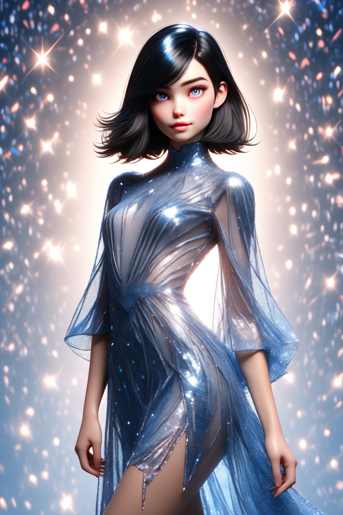 Utra, 1girl wearing a glamorous intricate shiny blue dress showing her legs, full_body, thin delicate lips smirking with a closed mouth, white skin,  black chin lenght hair and pink eyes, 4k, hd, unreal engine, 3d render, realistic,shards,3d toon style,cutegirlmix,glitter