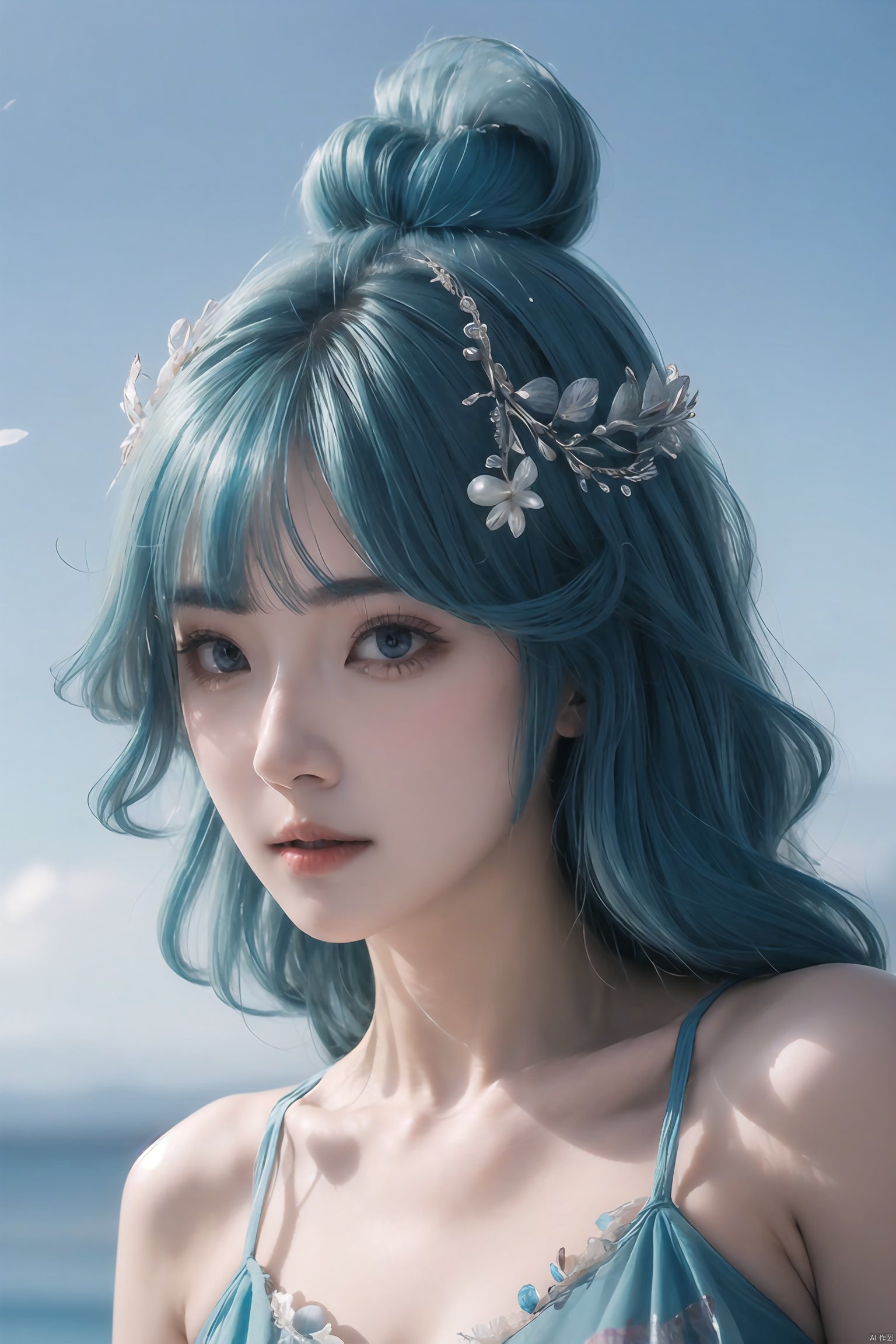 1girl, blue hair,  hair ornament,  mature female,  shell, pearl, looking at viewer,  jewelry, detailed face, medium breasts,<lora:EMS-85697-EMS:0.800000>