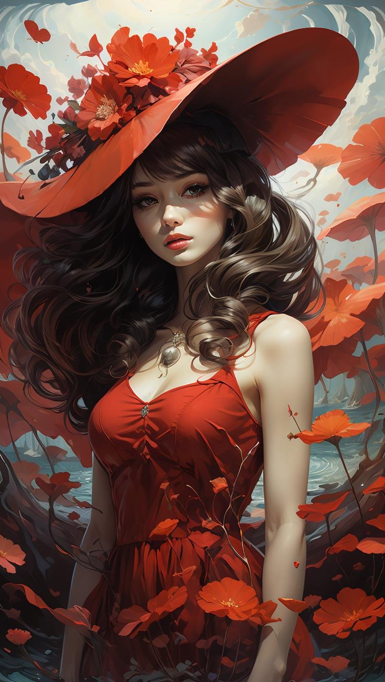 Full Fantasy Flower,<lora:Full Fantasy 000008:0.8>,holding flowers in hand,flower sea,fiora_ariete,creek,hat,(hue saturation:1.3),red dress,