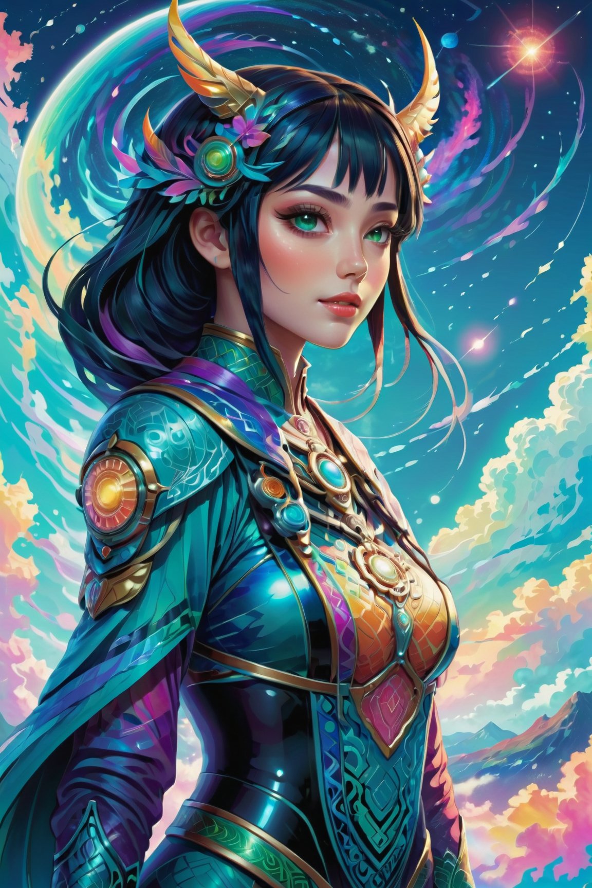 In the magical realm of digital anime, behold the whimsical tale of a zany mythological woman navigator. This captivating image, reminiscent of a beautifully crafted painting, showcases a quirky endowed and curvy character adorned in a vibrant spacesuit adorned with neon colors and sparkling patterns. With a mischievous smile and twinkling eyes, this navigator effortlessly glides through the celestial clouds, steering their spaceship with expert precision. The image, rendered with impeccable detail, mesmerizes viewers with its vivid hues and intricate designs. It radiates an aura of fantastical adventure and invites us to embark on an exhilarating journey through the cosmos.

