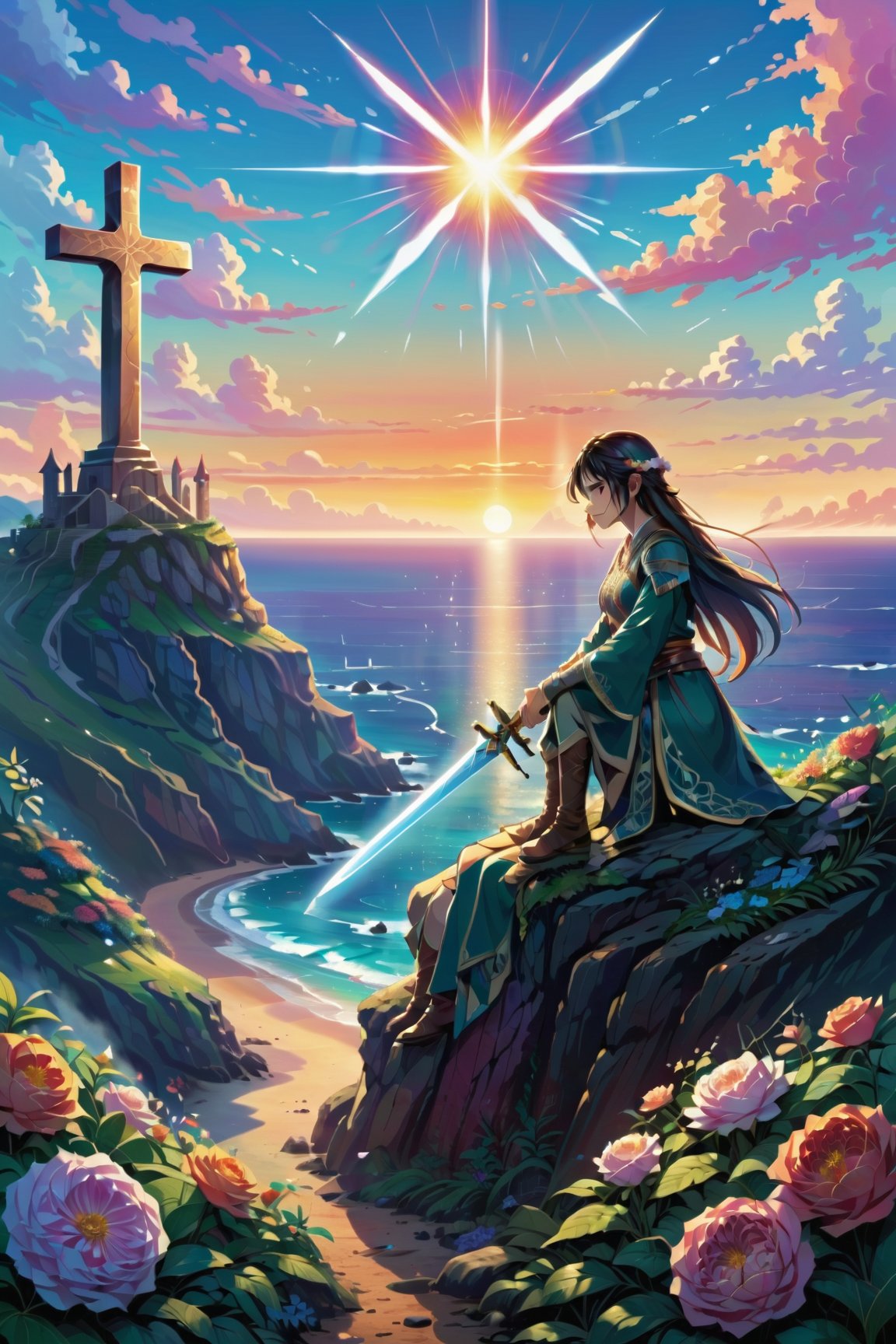 (((anime-style comic illustration))), Create a digital art illustration portraying a poignant scene on a cliff overlooking the sea. Picture a woman, collapsed in tears with her knees on the ground. In front of her, there's a lone grave marked by a cross and adorned with flowers. A sword is thrust into the ground beside the grave, and the sun is setting in the background. Capture an emotional and poignant atmosphere in this fantasy-themed artwork. insanely detailed, (((masterpiece))), best quality, 8k, ultra high res, High contrast and low saturation, (((Anatomy-based character design))), by BoochaN

