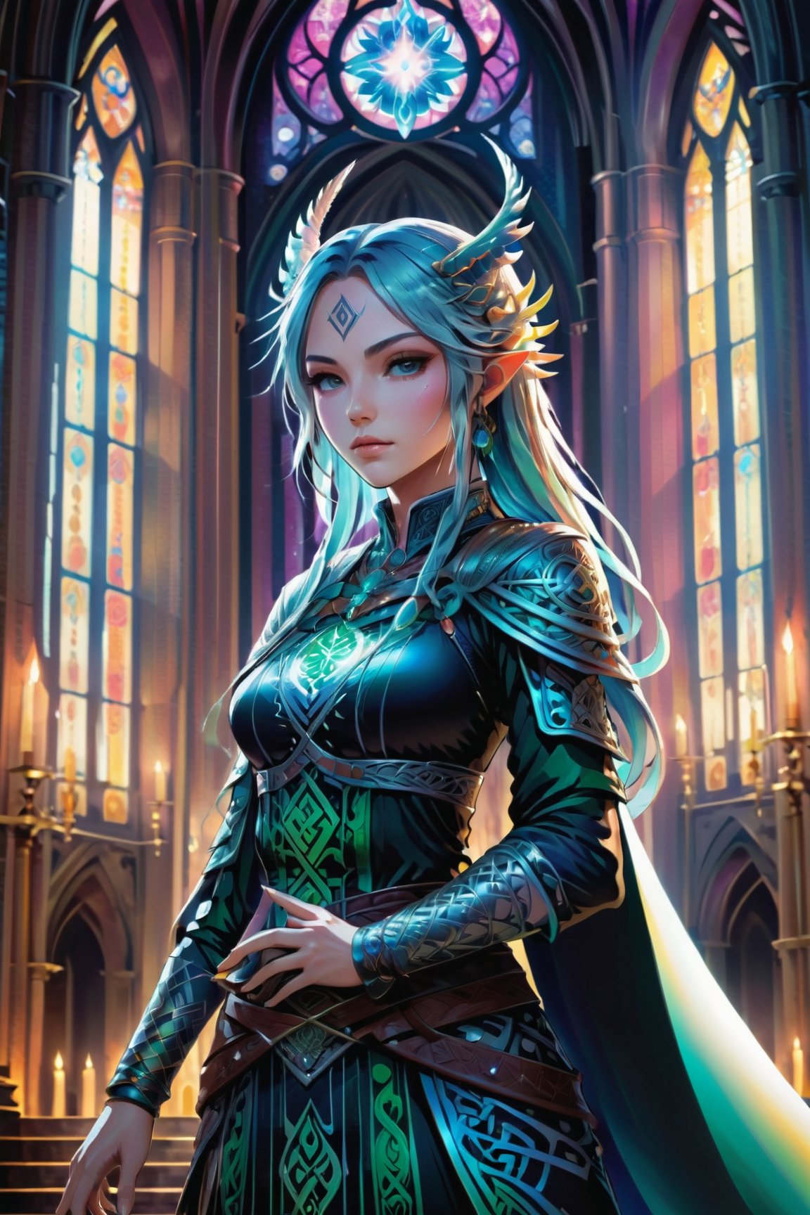 anime style, ultra detailed illustration of a beautiful adult woman, wearing tribal celtic clothes, she's standing in a detailed gothic cathedral while summoning some magic with her hands, ((Mushoku Tensei:1.3)) ((Final fantasy:1.3)), magical glow, holographic glow, ultra detailed face, bold ink lines, cel shaded, art by MSchiffer, full color, contrasting colors

