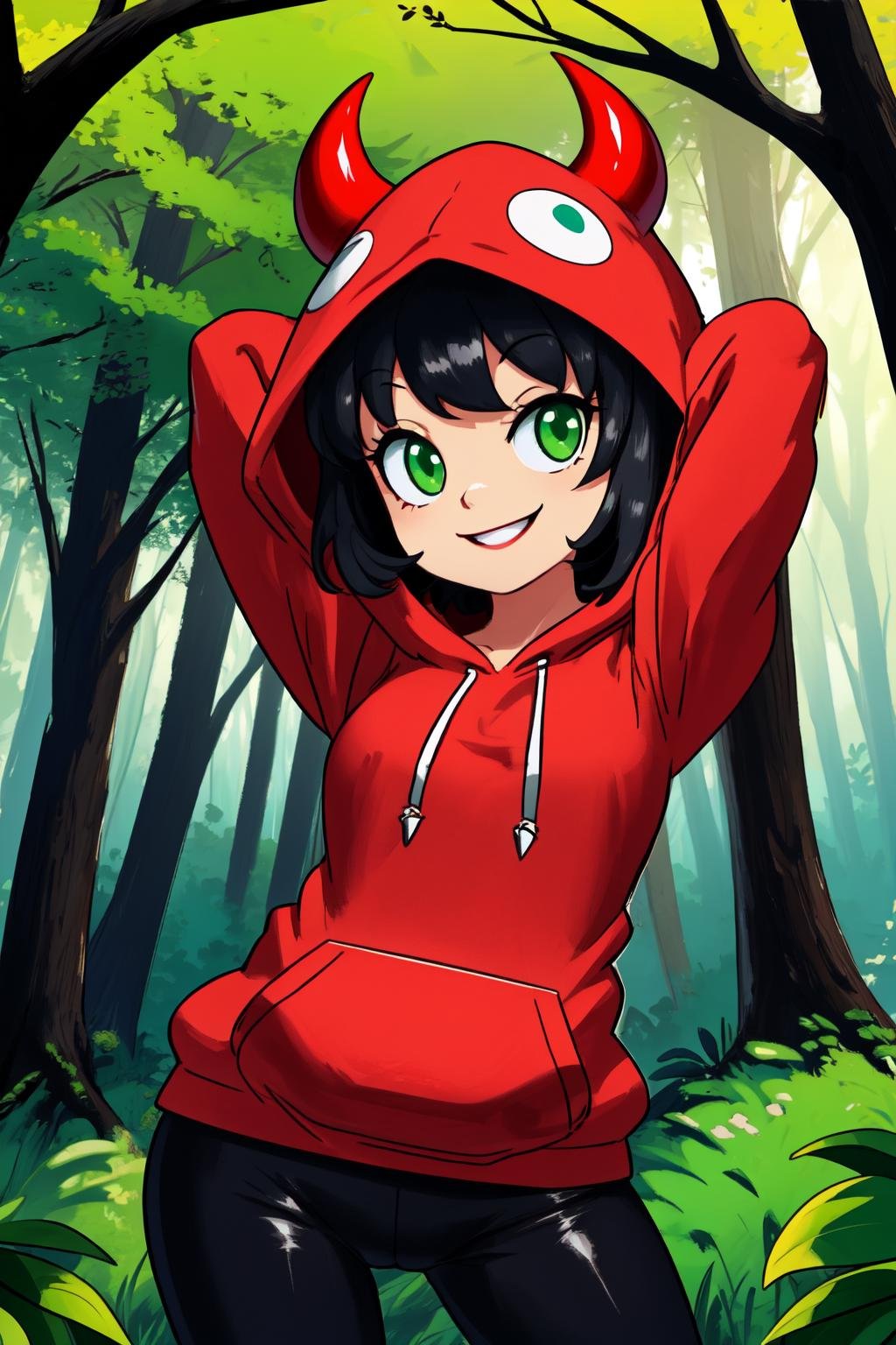 short hair, black hair, green eyes, hoodie, horns, hood, black pants, smile, contrapposto, arms behind head, forest background, <lyco:Minus8Style-step00003000:1.3>