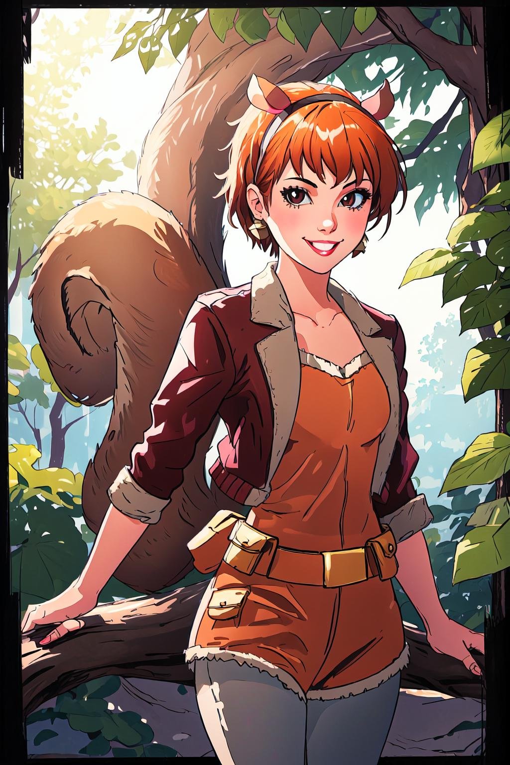 <lyco:SquirrelGirl-step00002000:1.1>, sgv1, 1girl, cowboy shot, volumetric lighting, looking at viewer, brown eyes, smile, squirrel tail