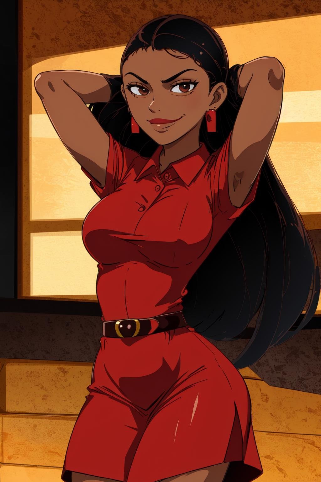 kpmoniquev1, cowboy shot, solo, volumetric lighting, dark skin, brown eyes, red dress, collared dress, <lyco:Monique-step00002500:0.7>, arms behind head, smug, smirk, red earrings