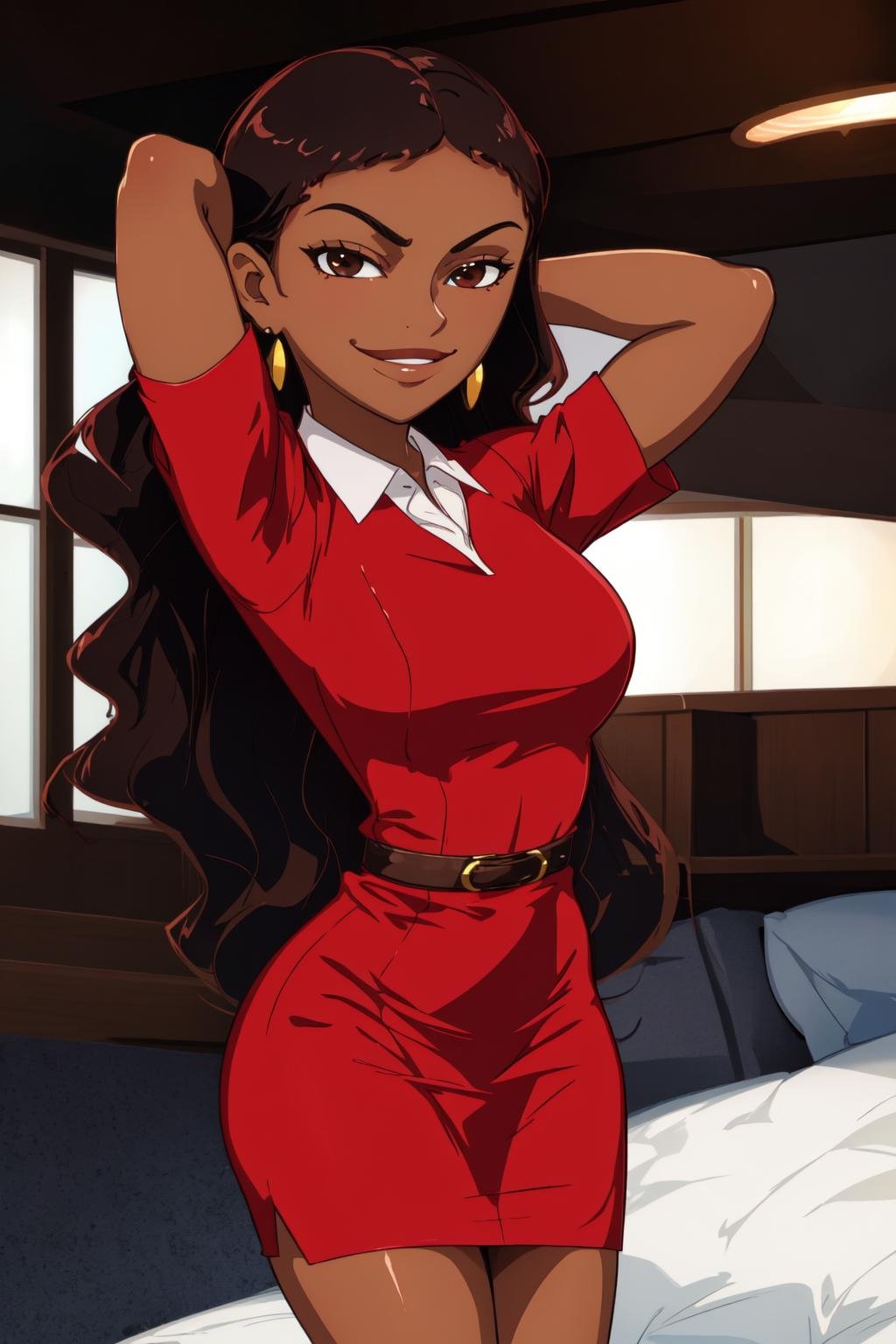 kpmoniquev1, cowboy shot, solo, volumetric lighting, dark skin, brown eyes, red dress, collared dress, <lyco:Monique-step00002500:0.7>, arms behind head, smug, smirk