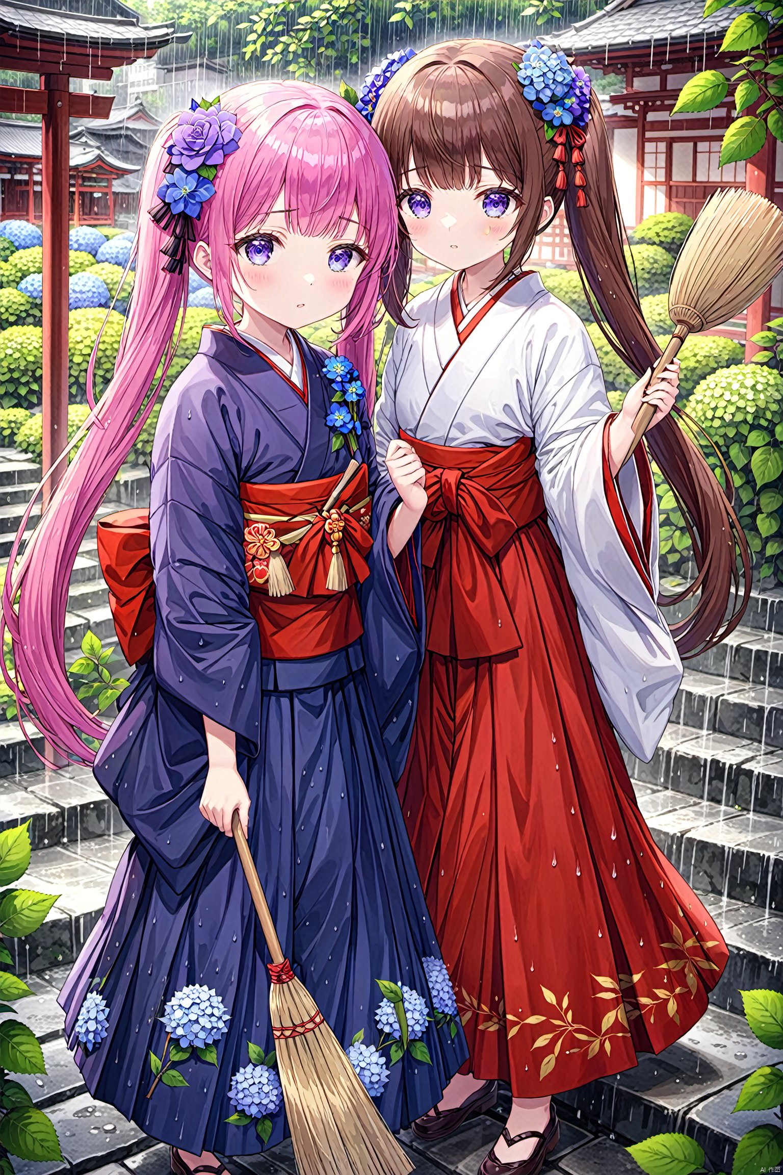 flower, hydrangea, japanese clothes, hakama, miko, purple flower, hakama skirt, red hakama, low twintails, broom, blue flower, multiple girls, long hair, holding broom, brown hair, outdoors, brown eyes, building, skirt, bangs, rose, 2girls, blunt bangs, twintails, stone stairs, fujiwara chika, purple rose, plant, rain, pink hair, day, holding, kimono, blue eyes, eyebrows visible through hair