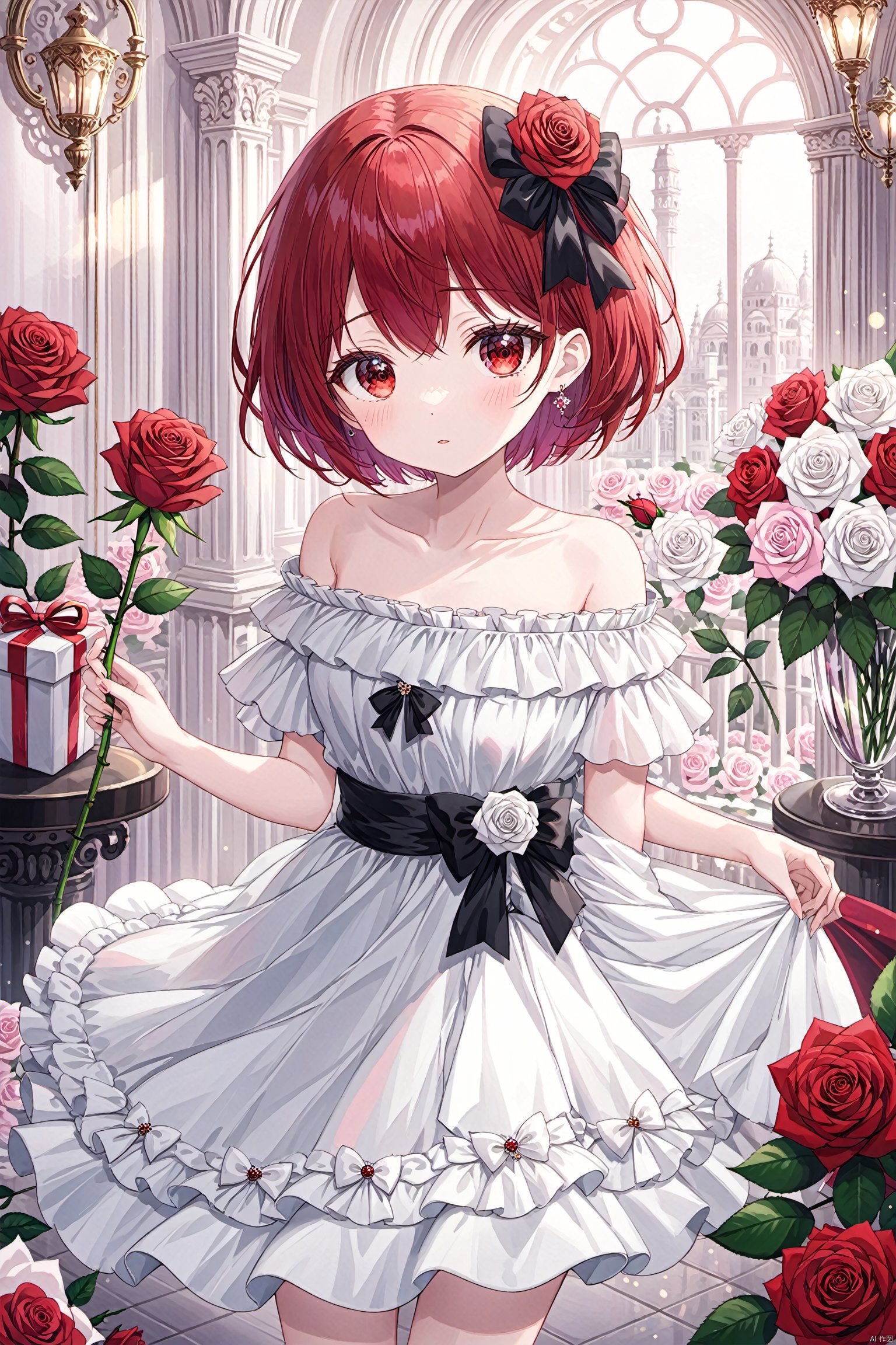 flower, 1girl, red hair, rose, solo, off-shoulder dress, dress, red eyes, white dress, off shoulder, bare shoulders, pink rose, white rose, jewelry, looking at viewer, bow, black rose, pink flower, gift, short hair