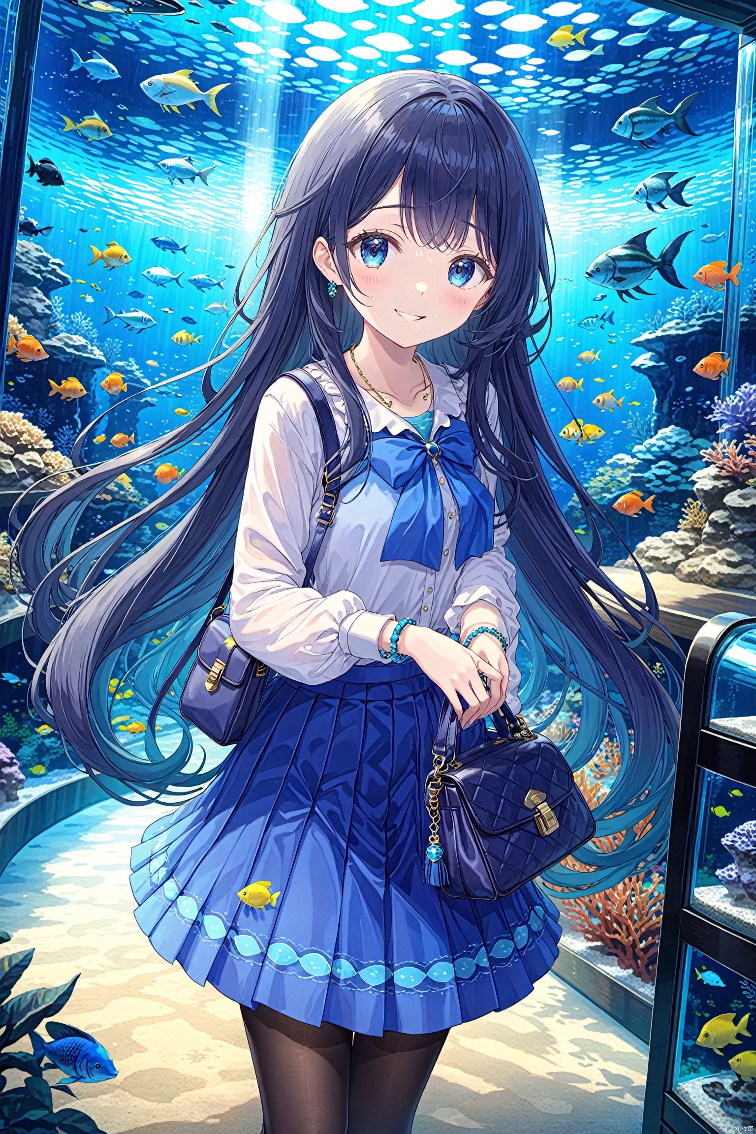 bag, 1girl, handbag, shoulder bag, long hair, very long hair, aquarium, skirt, pantyhose, smile, looking at viewer, bracelet, solo, jewelry, shirt, long sleeves, blue skirt, signature