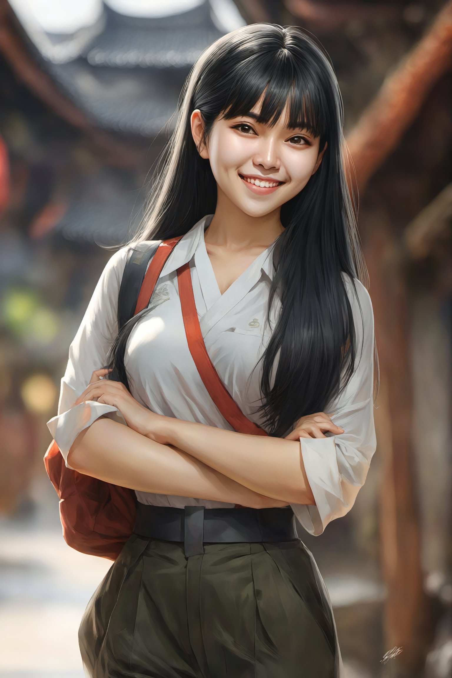 1girl, solo, long hair, looking at viewer, smile, bangs, black hair, upper body, teeth, blunt bangs, grin, blurry, black eyes, blurry background, traditional media, realistic,Vietgirl