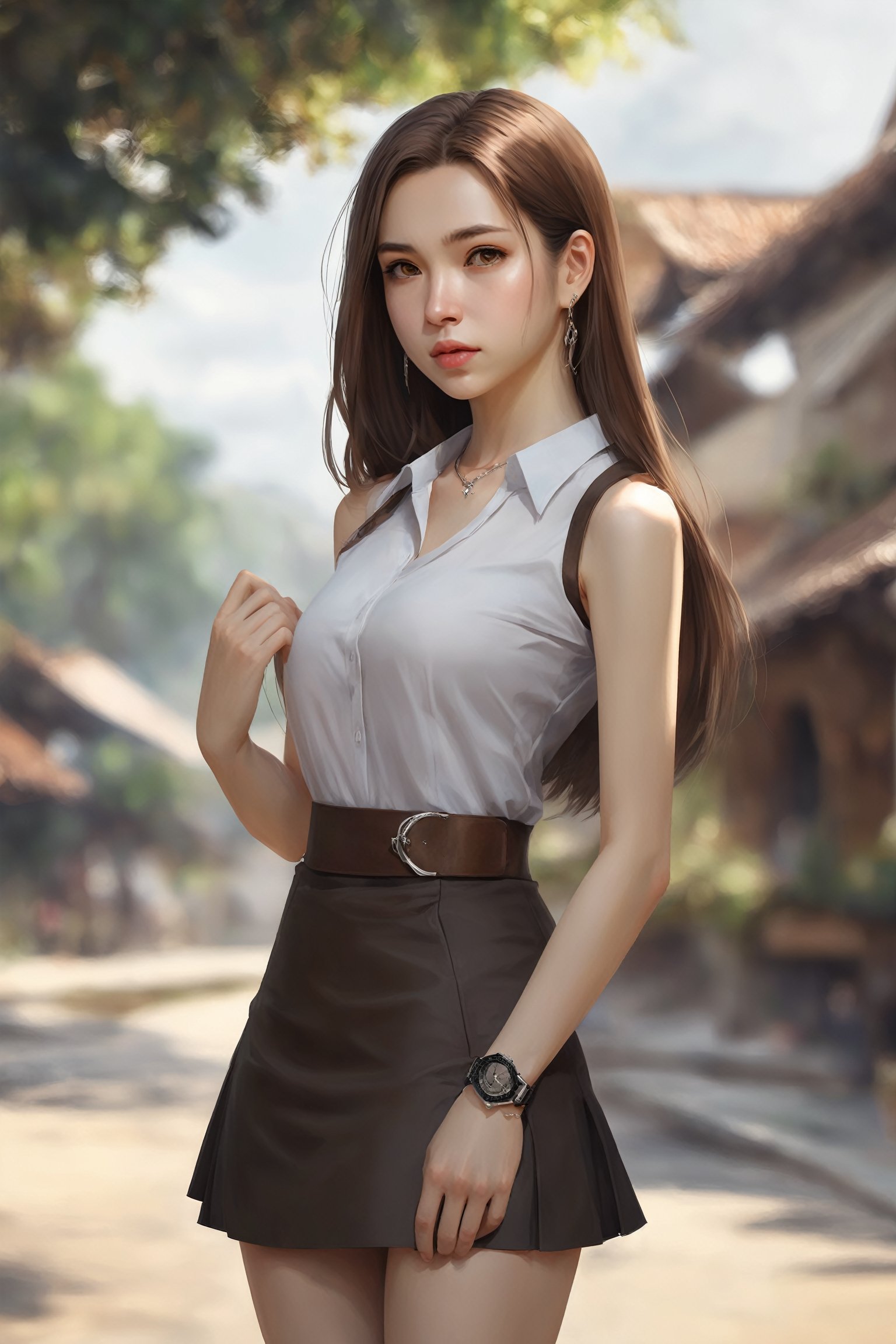 Realistic, 1girl, solo, long hair, looking at viewer, skirt, brown hair, shirt, brown eyes, jewelry, standing, white shirt, earrings, outdoors, sleeveless, day, black skirt, necklace, blurry, bracelet, lips, sleeveless shirt, blurry background, high-waist skirt, watch, realistic, shirt tucked in, photo background,Vietgirl