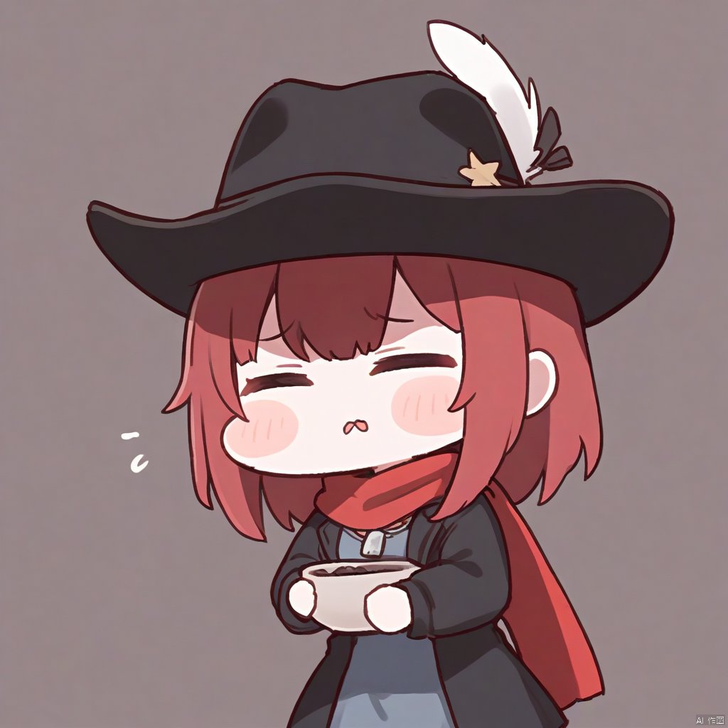  1girl, solo,red hair, black hat, Cowboy hat, hat feather,red scarf, black jacket, dog_tags,chibi,
 ,white_background,simple_background,
 meme,
solo, begging, hands Holding bowl, poor, destitute, seeking_alms, humble_request, down_on_fortune, charity, compassion, help_me, pleading, desperation, poverty, need, humble_circumstances, outstretched_bowl, gesture_of_sorrow, sympathy, empathy, plea_for_help, down_and_out, in_need, meme_potential, relatable