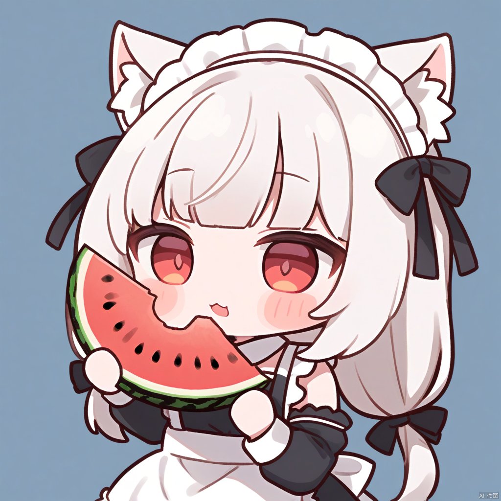 1girl, loli,solo,white hair,long hair,bangs,red eyes,maid,maid headdress,cat ears,,chibi,
 meme,upper_body,
food, watermelon, animal_ears, fruit, holding_food, solo, holding, watermelon_slice, holding_fruit, transparent_background, simple_background, upper_body, chibi, virtual_youtuber