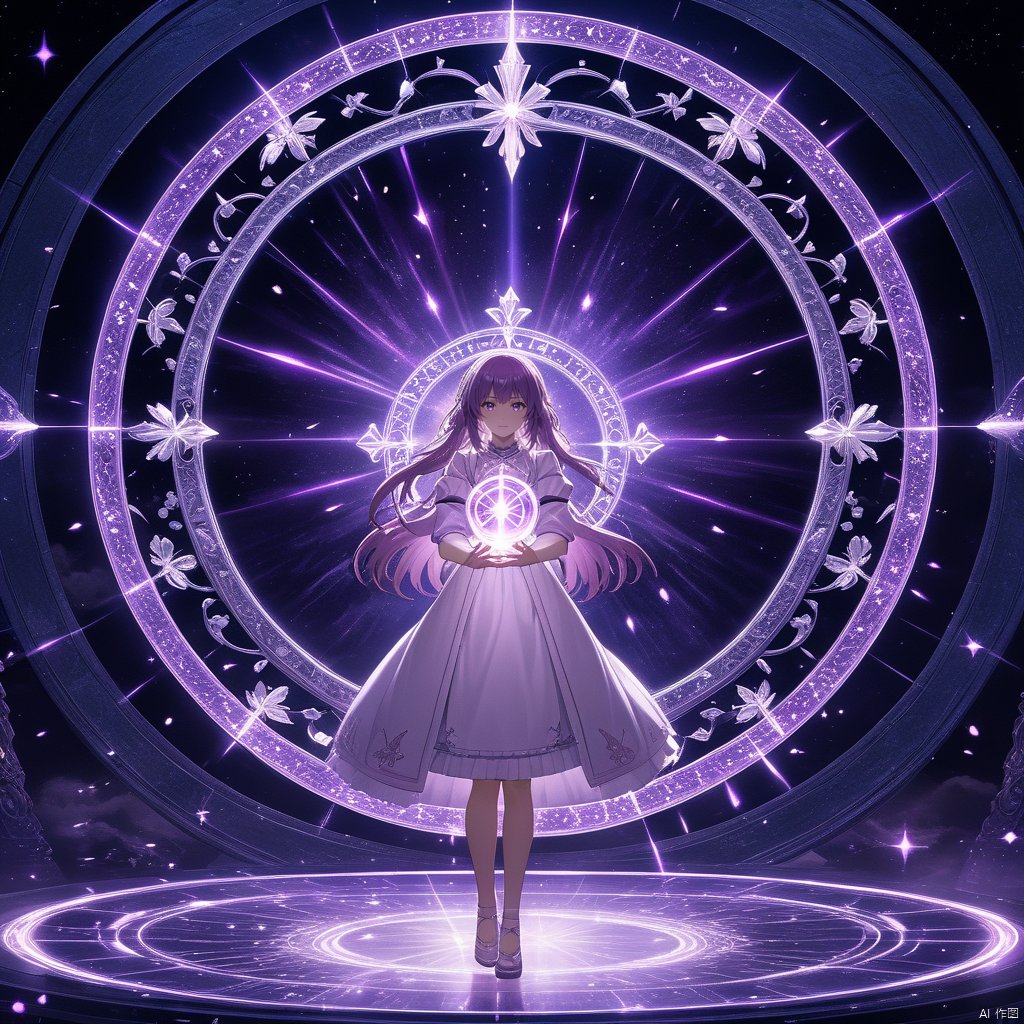 Anime Magic, an anime girl wearing glowing white and light purple dress casting magic spell, standing inside a glowing light purple magic circle, glowing magic effects, glowing light purple cross, special effects, magic circle, highly detailed, ultra-high resolutions, 32K UHD, best quality, masterpiece,