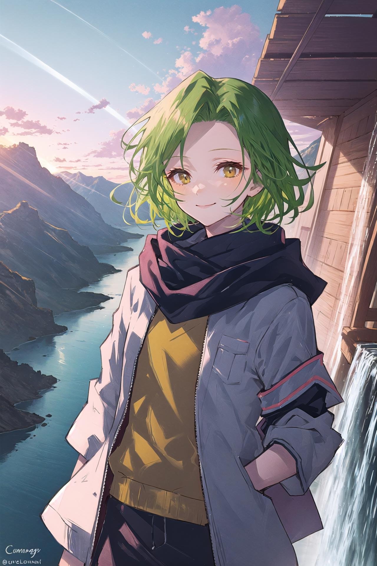 1girl, solo, forehead protector, upper body, scarf, genderswap \(mtf\), genderswap, short hair, green hair, smile, brown eyes, closed mouth, signature, ninja ,scenery, outdoors, cloud, waterfall, bird, sky, day, fantasy, water, light rays, mountain, sunlight, floating island, landscape, sunbeam, cloudy sky, blue sky, cliff ,///////////   <lora:arutera-000212:1>