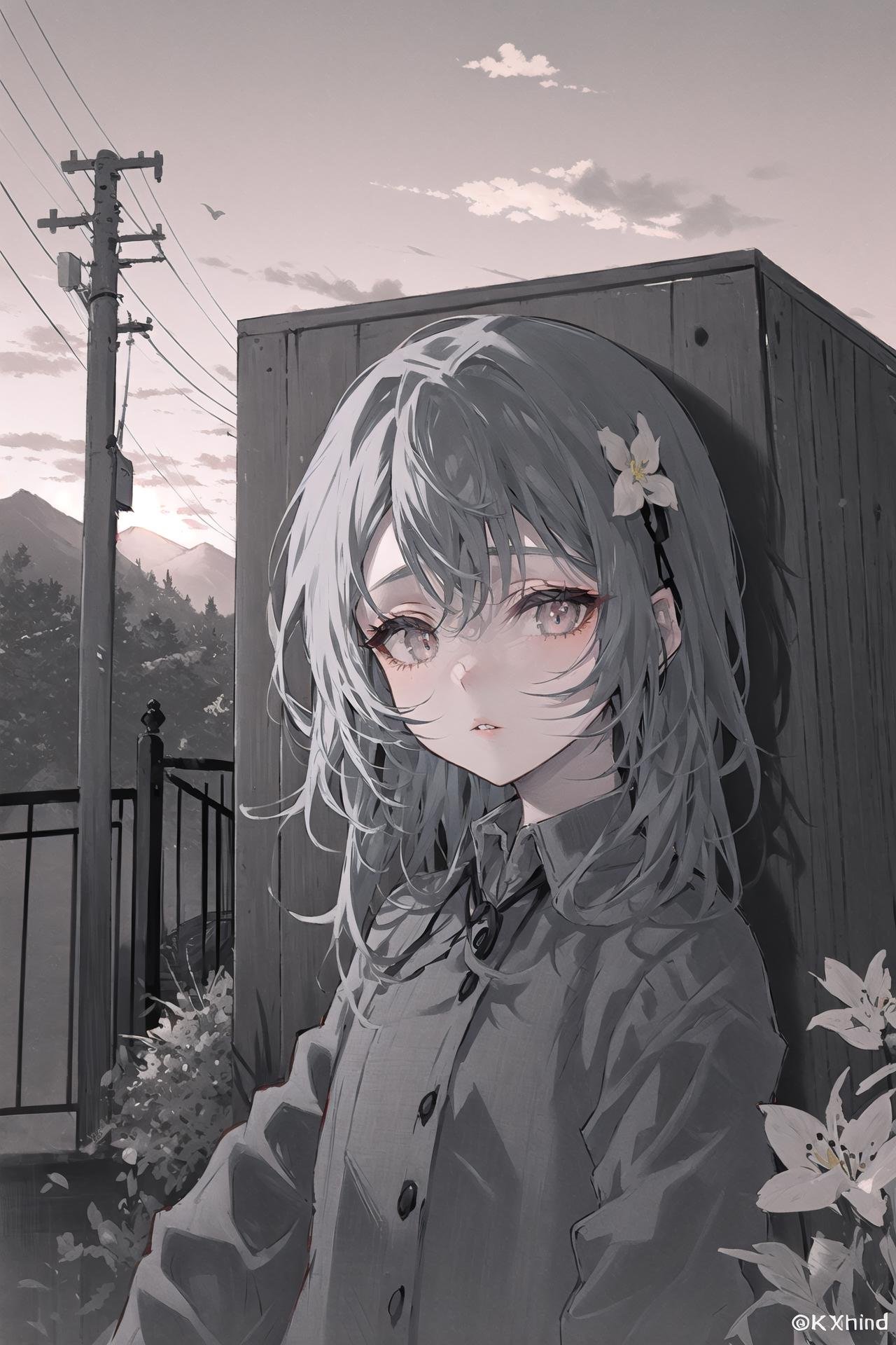 1girl, monochrome, solo, greyscale, looking at viewer, scar on face, simple background, scar, white background, portrait, messy hair, scar on cheek, bangs, collared shirt, long hair, parted lips, ringed eyes, shirt, medium hair ,scenery, outdoors, tree, sky, house, fence, flower, grass, mountain, cloud, plant, sunset, artist name, bush, building, power lines, stairs, utility pole, wooden fence ,///////////   <lora:arutera-000212:1>