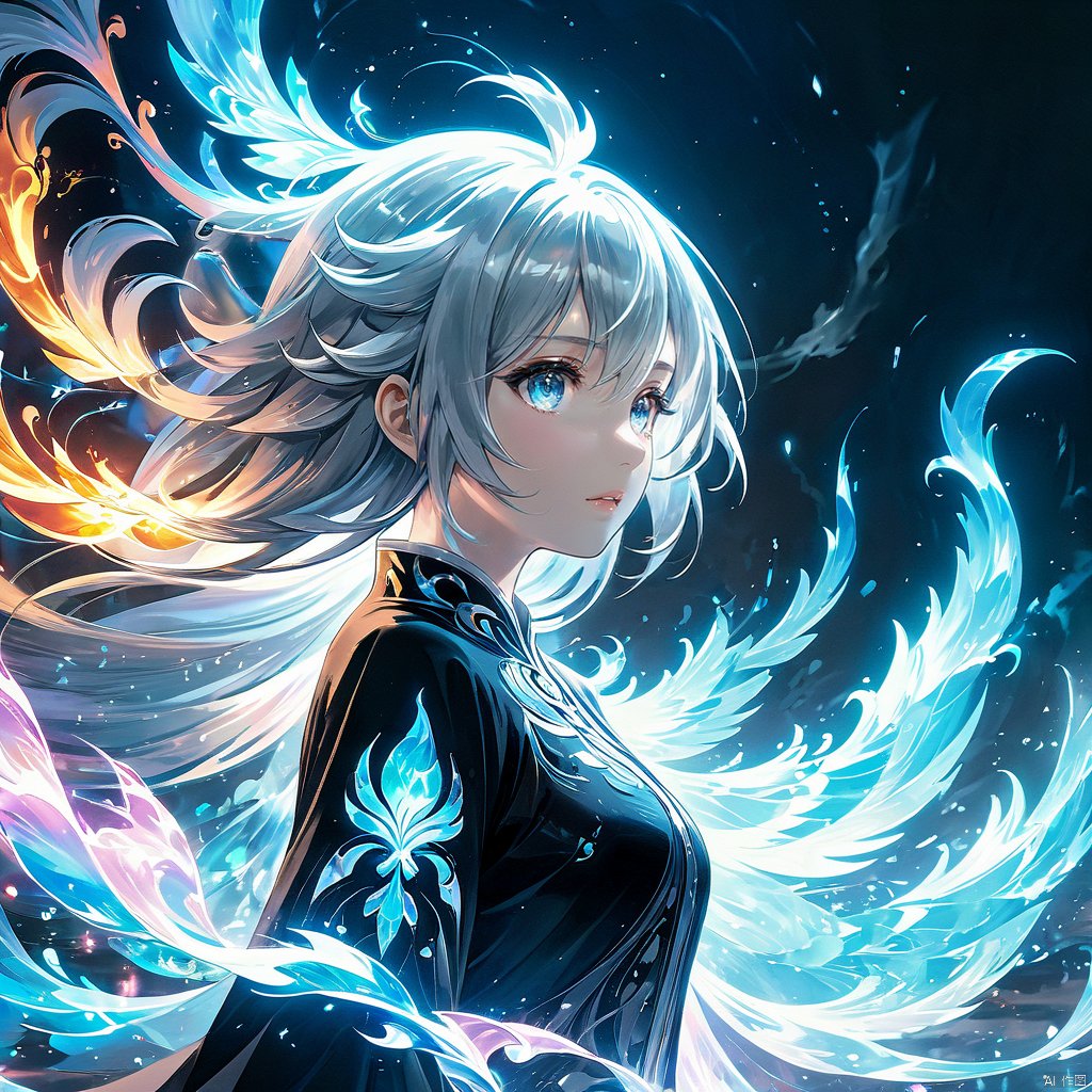  (masterpiece, top quality, best quality, official art, beautiful and aesthetic:1.2),(1girl:1.2),cute,extreme detailed,(abstract:1.4, fractal art:1.3),(silver_hair:1.1),fate \(series\),colorful,highest detailed,fire,ice,lightning,Wind, thunder, fire, mountains,Dongfang Long, Phoenix,(splash_art:1.2),jewelry:1.4,scenery,ink,