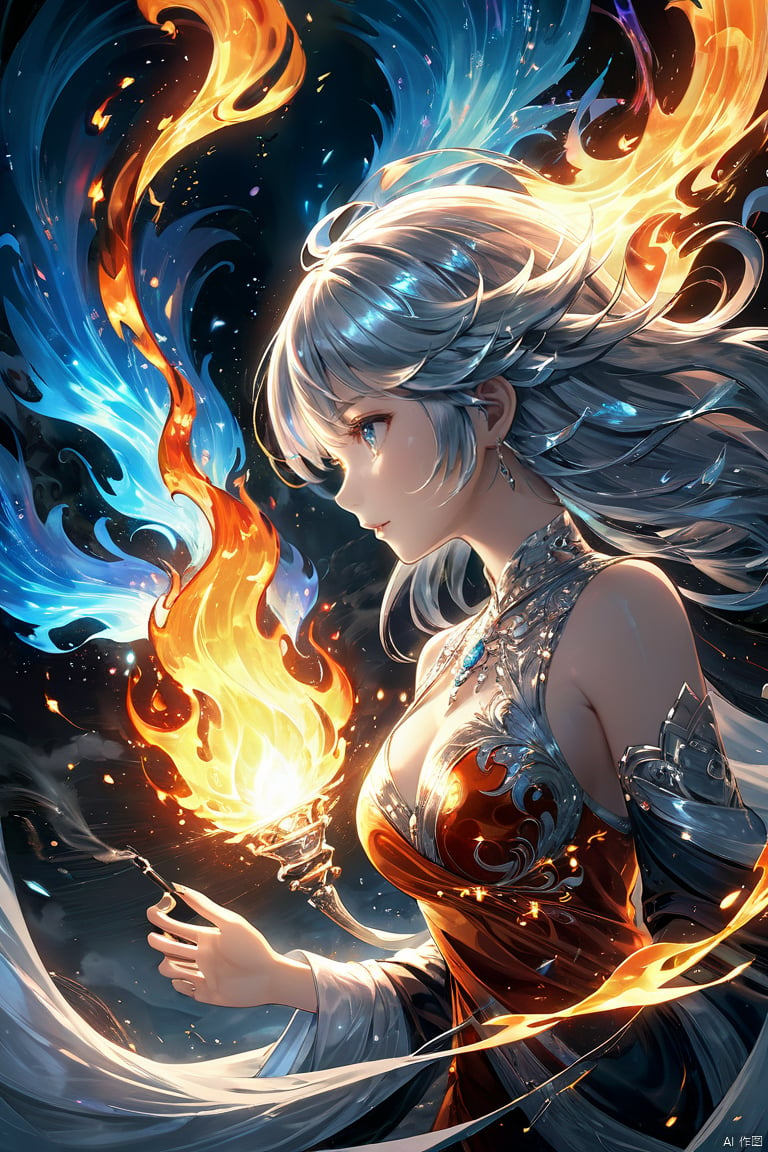  (masterpiece, top quality, best quality, official art, beautiful and aesthetic:1.2),(1girl:1.2),cute,extreme detailed,(abstract:1.4, fractal art:1.3),(silver_hair:1.1),fate \(series\),colorful,highest detailed,fire,ice,lightning,Wind, thunder, fire, mountains,Dongfang Long, Phoenix,burning,transparency,fire,(molten rock),flame skin,flame print,fiery hair,smoke,cloud,cleavage,big breasts,a girl wrapped in flames soaring flames radiating sparks,the burning hand,(splash_art:1.2),jewelry:1.4,scenery,ink,