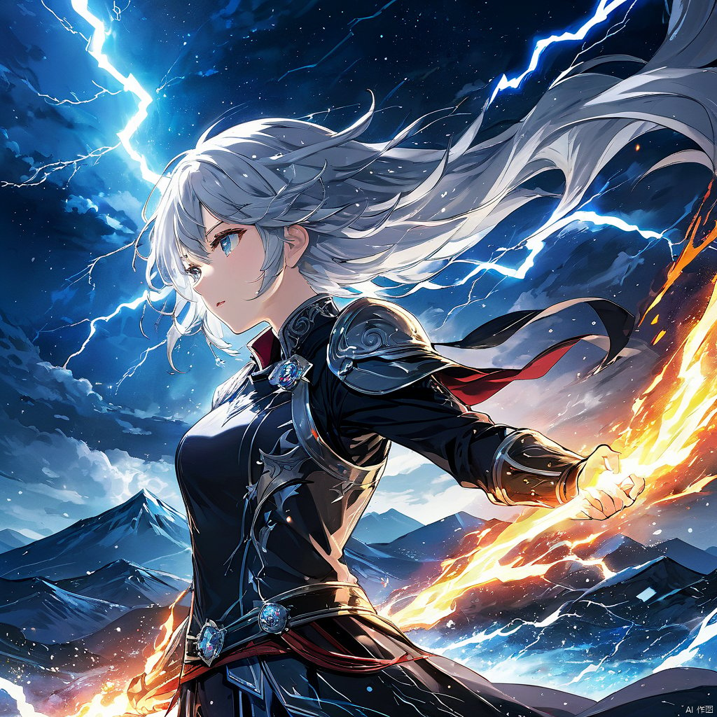  (masterpiece, top quality, best quality, official art, beautiful and aesthetic:1.2),Sky, night, stars, no human,(silver_hair:1.1),fate \(series\),colorful,highest detailed,fire,ice,lightning,Wind, thunder, fire, mountains,(splash_art:1.2),scenery,