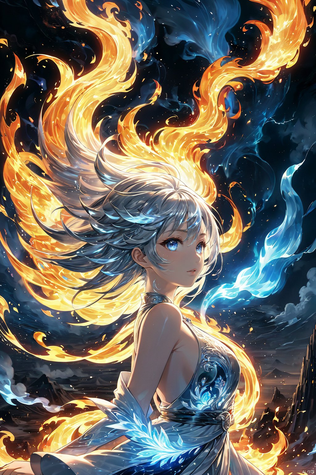  (masterpiece, top quality, best quality, official art, beautiful and aesthetic:1.2),(1girl:1.2),cute,extreme detailed,(abstract:1.4, fractal art:1.3),(silver_hair:1.1),fate \(series\),colorful,highest detailed,fire,ice,lightning,Wind, thunder, fire, mountains,Dongfang Long, Phoenix,burning,transparency,fire,(molten rock),flame skin,flame print,fiery hair,smoke,cloud,cleavage,big breasts,a girl wrapped in flames soaring flames radiating sparks,the burning hand,(splash_art:1.2),jewelry:1.4,scenery,ink,