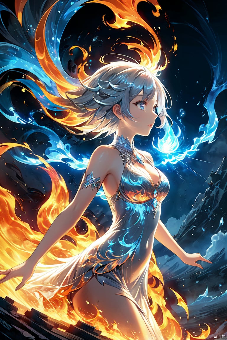  (masterpiece, top quality, best quality, official art, beautiful and aesthetic:1.2),(1girl:1.2),cute,extreme detailed,(abstract:1.4, fractal art:1.3),(silver_hair:1.1),fate \(series\),colorful,highest detailed,fire,ice,lightning,Wind, thunder, fire, mountains,Dongfang Long, Phoenix,burning,transparency,fire,(molten rock),flame skin,flame print,fiery hair,smoke,cloud,cleavage,big breasts,a girl wrapped in flames soaring flames radiating sparks,the burning hand,(splash_art:1.2),jewelry:1.4,scenery,ink,