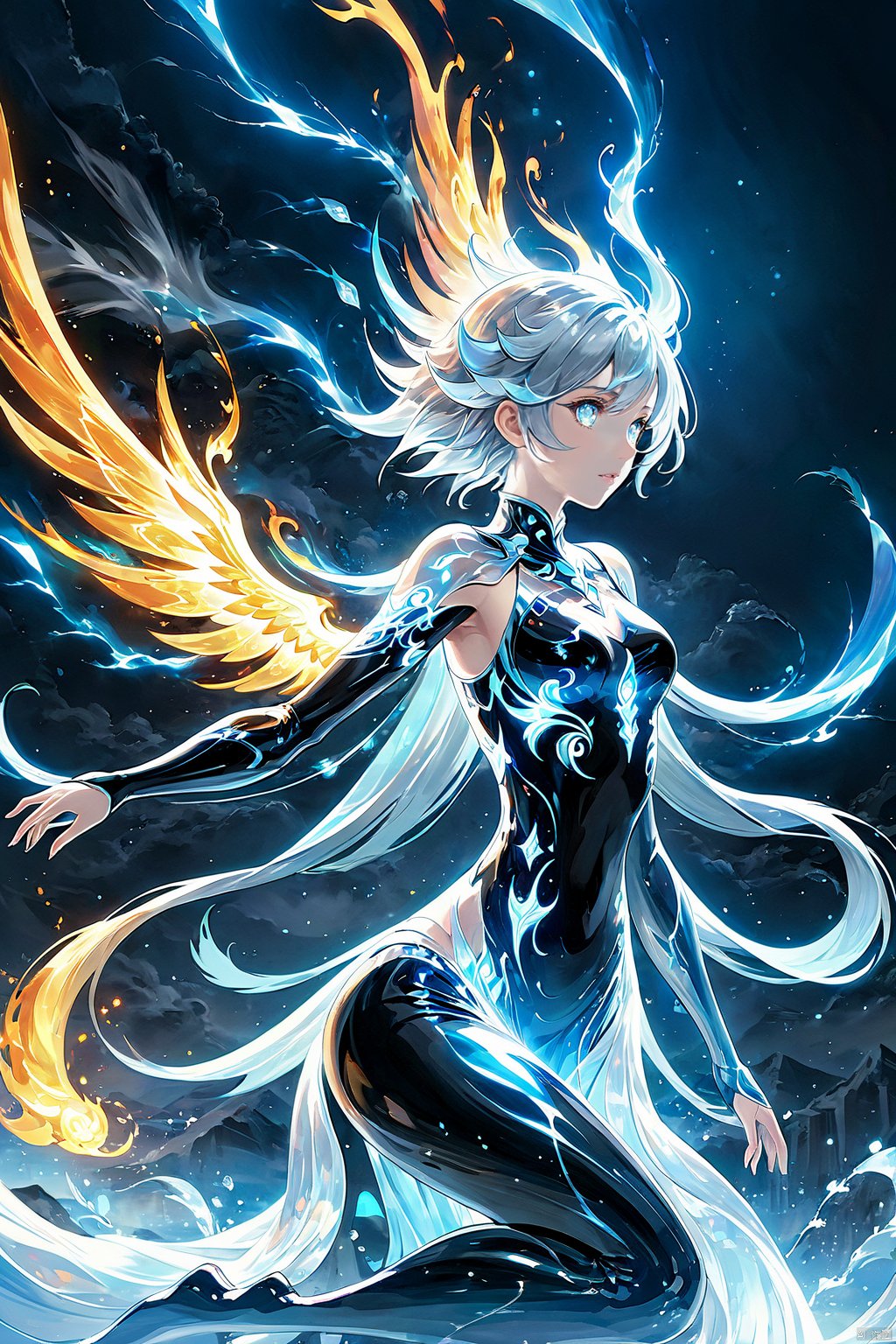  (masterpiece, top quality, best quality, official art, beautiful and aesthetic:1.2),(1girl:1.2),cute,extreme detailed,(abstract:1.4, fractal art:1.3),(silver_hair:1.1),fate \(series\),colorful,highest detailed,fire,ice,lightning,Wind, thunder, fire, mountains,Dongfang Long, Phoenix,bare_shoulders,Mecha,(splash_art:1.2),jewelry:1.4,scenery,ink,