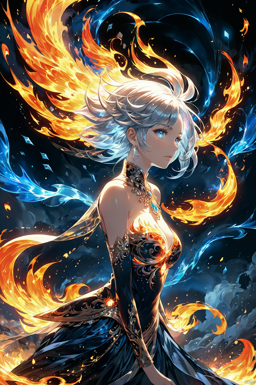  (masterpiece, top quality, best quality, official art, beautiful and aesthetic:1.2),(1girl:1.2),cute,extreme detailed,(abstract:1.4, fractal art:1.3),(silver_hair:1.1),fate \(series\),colorful,highest detailed,fire,ice,lightning,Wind, thunder, fire, mountains,Dongfang Long, Phoenix,burning,transparency,fire,(molten rock),flame skin,flame print,fiery hair,smoke,cloud,cleavage,big breasts,a girl wrapped in flames soaring flames radiating sparks,the burning hand,(splash_art:1.2),jewelry:1.4,scenery,ink,