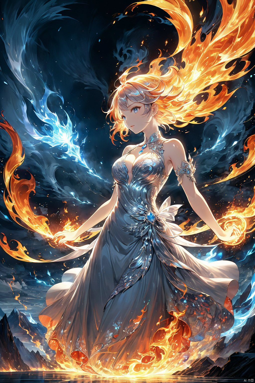  (masterpiece, top quality, best quality, official art, beautiful and aesthetic:1.2),(1girl:1.2),cute,extreme detailed,(abstract:1.4, fractal art:1.3),(silver_hair:1.1),fate \(series\),colorful,highest detailed,fire,ice,lightning,Wind, thunder, fire, mountains,Dongfang Long, Phoenix,burning,transparency,fire,(molten rock),flame skin,flame print,fiery hair,smoke,cloud,cleavage,big breasts,a girl wrapped in flames soaring flames radiating sparks,the burning hand,(splash_art:1.2),jewelry:1.4,scenery,ink,