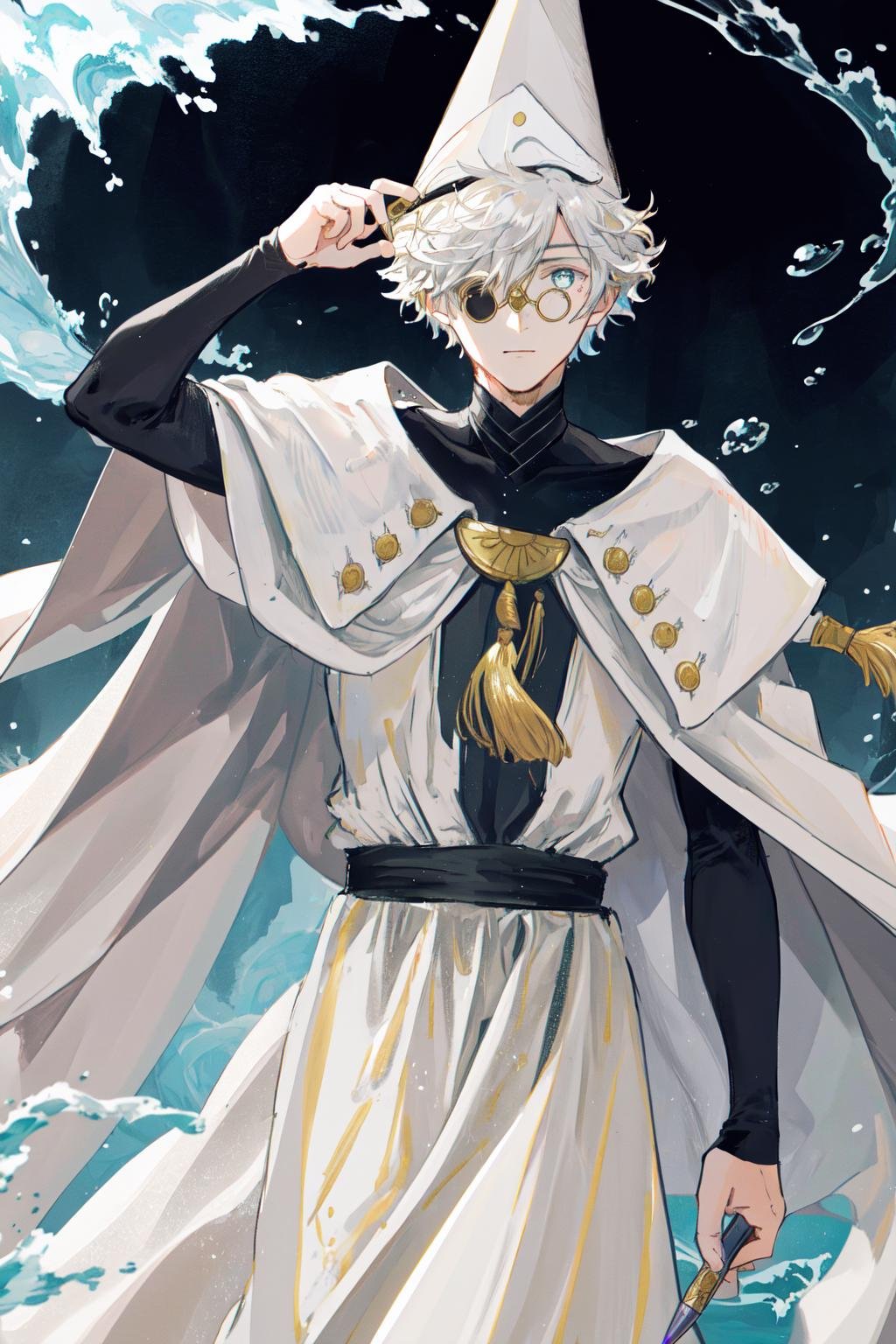 masterpiece, best quality, highres, 1boy glasses, hat, white cape white robe <lora:qifrey:1> holding pen, (arm up:1.4), water drop, floating, splashing