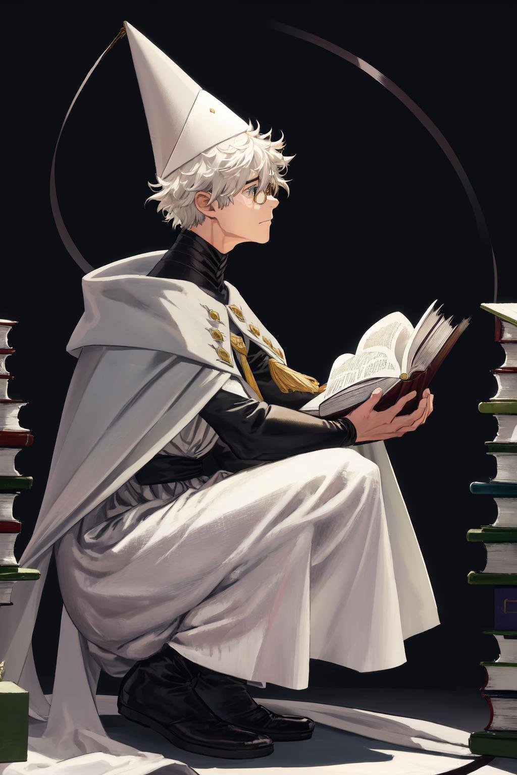 masterpiece, best quality, highres, 1boy glasses, hat, white cape white robe <lora:qifrey:1> squatting, book stack, from side