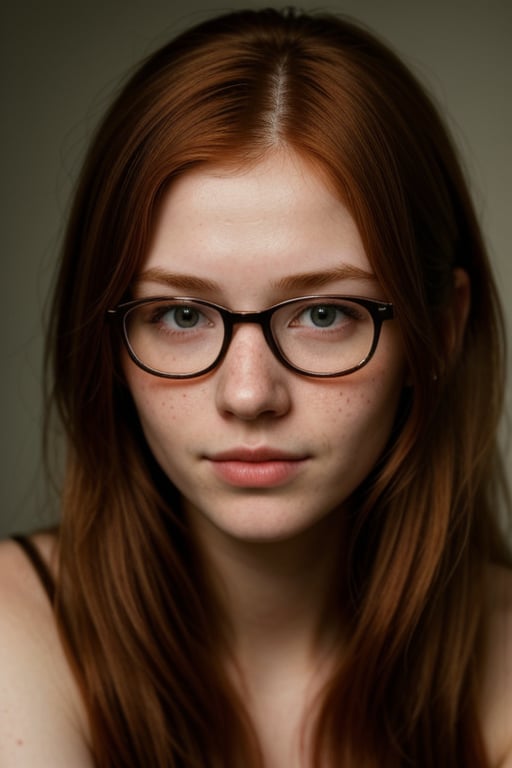 professional, masterpiece, 8k, hyperrealistic portrait of a 20yo cute ginger girl, long hair, redhead, glasses, (looking shy:1.3), freckles, detailed face, detailed skin, photography, hq, photorealistic,