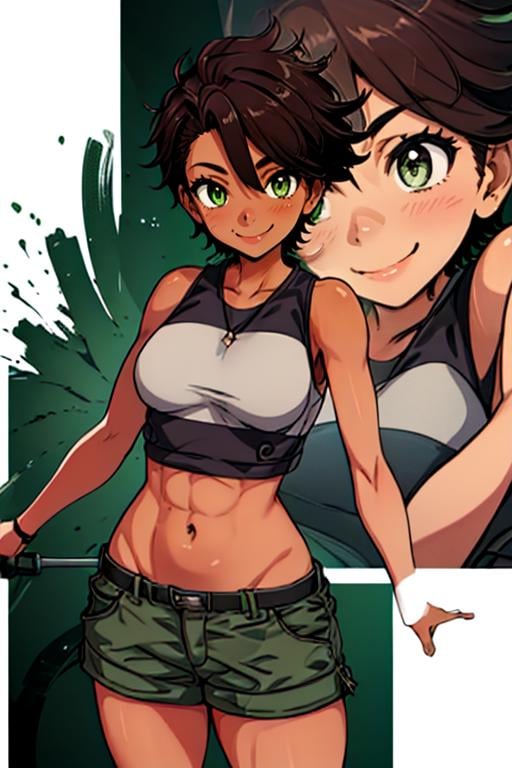 best quality, (masterpiece),(ultra-detailed), (high quality), (high resolution),   <lora:Vanya:0.7> vanyakuroko, short hair, brown hair, green eyes,  sleeveless, shorts,navel, dark skin, seductive smile, 